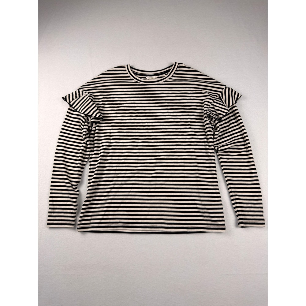 H&M Womens Black White Striped Ruffle Shoulder Long Sleeve Ribbed Top Medium